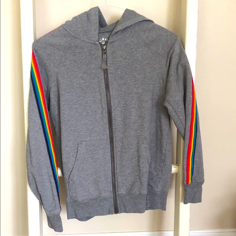 Primary gray rainbow stripe hoodie, size 12